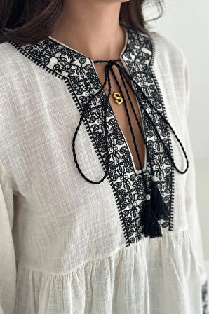 Etnik Desenli Bağlamalı Bluz Siyah