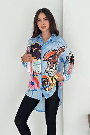 Tavşan Baskılı Jeans Efektli Tunik