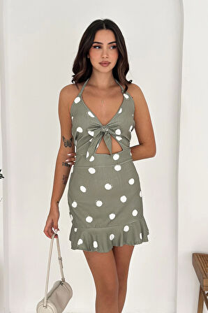 Desenli Bürümcük Elbise Haki