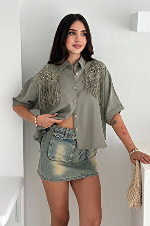 Yıkamalı Keten Gömlek Haki