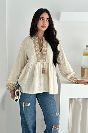 Etnik Desenli Bağlamalı Bluz