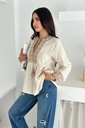 Etnik Desenli Bağlamalı Bluz