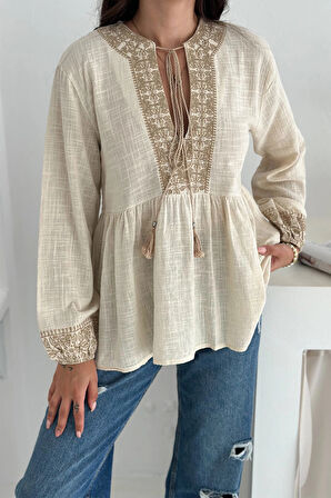 Etnik Desenli Bağlamalı Bluz