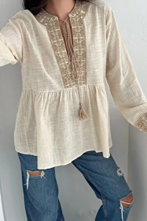 Etnik Desenli Bağlamalı Bluz