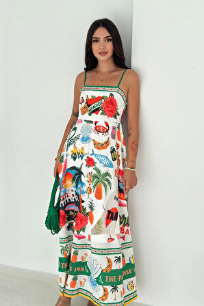 İthal Krep Kumaş Desenli Elbise Sarı