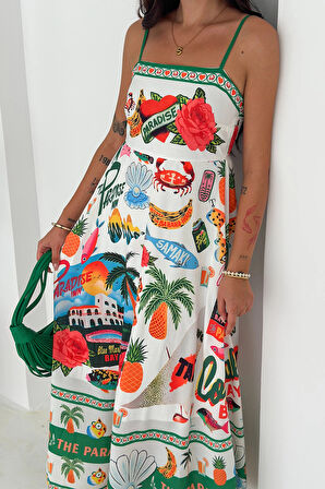 İthal Krep Kumaş Desenli Elbise Sarı