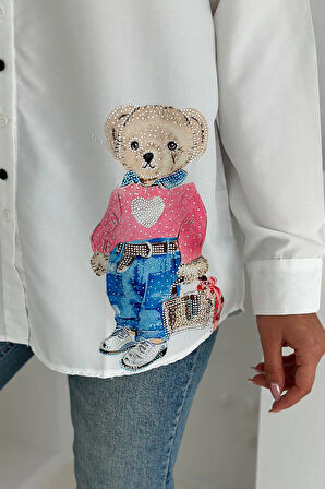 Ayıcık Baskılı Gömlek Beyaz