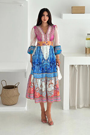 İthal Keten Kumaş Desenli Elbise