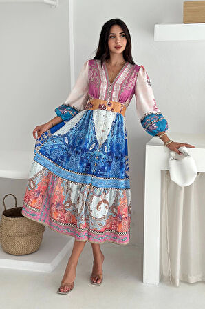 İthal Keten Kumaş Desenli Elbise