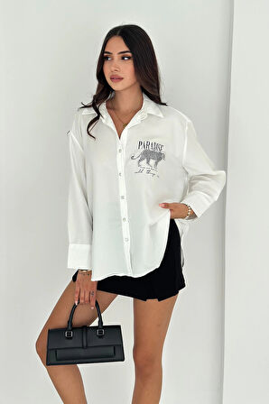 Dril Kumaş Paradise Baskılı Taşlı Gömlek Gümüş