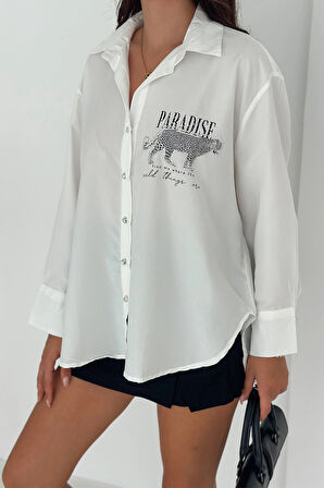 Dril Kumaş Paradise Baskılı Taşlı Gömlek Gümüş