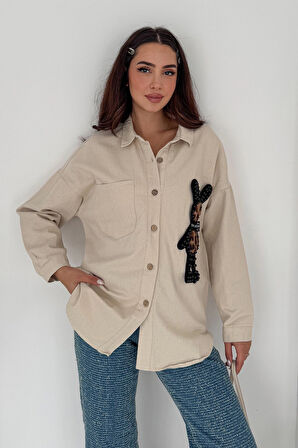 Leopar Ayıcık Armalı Gabardin Kumaş Gömlek Krem