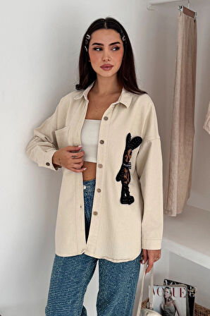 Leopar Ayıcık Armalı Gabardin Kumaş Gömlek Krem