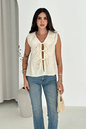 Bebe Yaka Bağlamalı Gömlek Krem