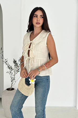 Bebe Yaka Bağlamalı Gömlek Krem