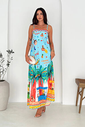 İthal Krep Kumaş Desenli Elbise Mavi