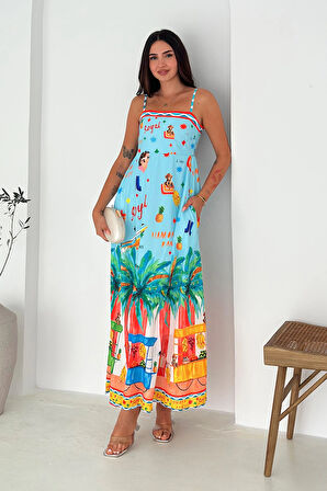 İthal Krep Kumaş Desenli Elbise Mavi