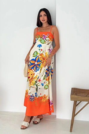 İthal Krep Kumaş Desenli Elbise Turuncu