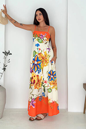 İthal Krep Kumaş Desenli Elbise Turuncu