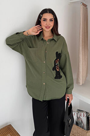 Leopar Ayıcık Armalı Gabardin Kumaş Gömlek Haki