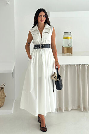 Paraşüt Kumaş Kemerli Elbise Beyaz