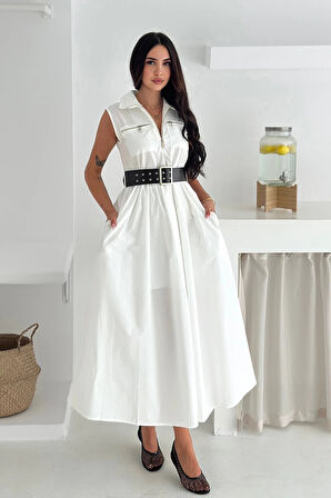 Paraşüt Kumaş Kemerli Elbise Beyaz