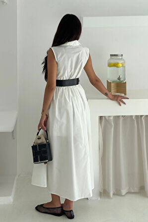 Paraşüt Kumaş Kemerli Elbise Beyaz