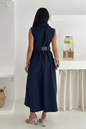Paraşüt Kumaş Kemerli Elbise Lacivert
