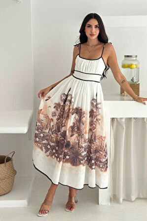 Desenli Keten Elbise Kahverengi