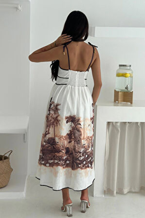 Desenli Keten Elbise Kahverengi