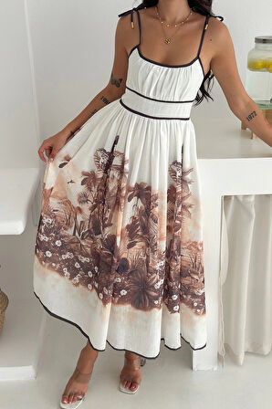 Desenli Keten Elbise Kahverengi