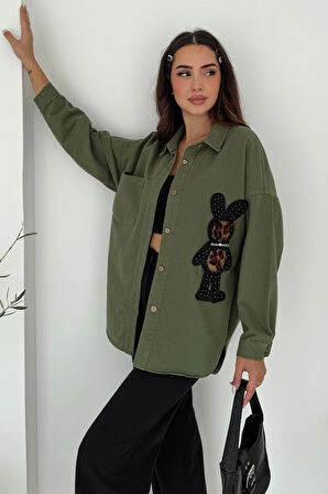 Leopar Ayıcık Armalı Gabardin Kumaş Gömlek Haki