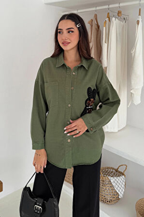 Leopar Ayıcık Armalı Gabardin Kumaş Gömlek Haki