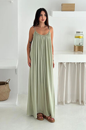 Askılı Önü Boncuklu İşlemeli Salaş Elbise Haki