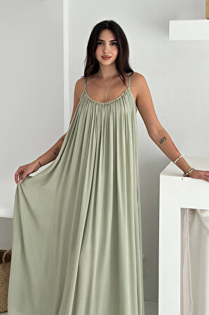 Askılı Önü Boncuklu İşlemeli Salaş Elbise Haki