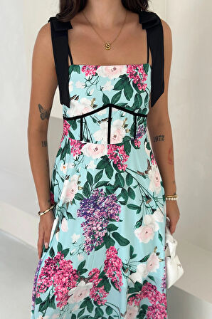 Çiçek Desen Korse Detaylı Elbise