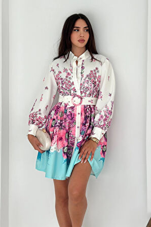 Desenli Düğme Detaylı Kemerli Keten Elbise