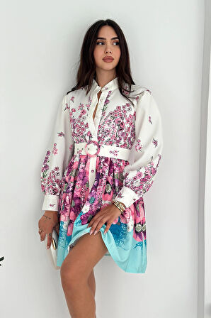 Desenli Düğme Detaylı Kemerli Keten Elbise