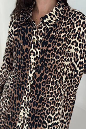 Leopar Desen Gabardin Gömlek