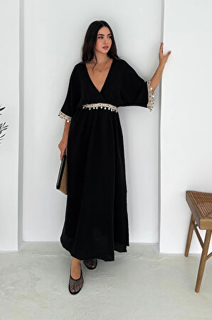 Anvelop Yaka Pullu Elbise Siyah