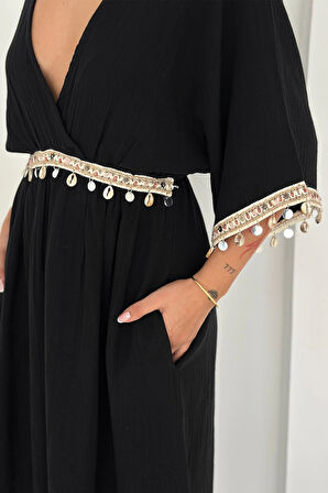 Anvelop Yaka Pullu Elbise Siyah