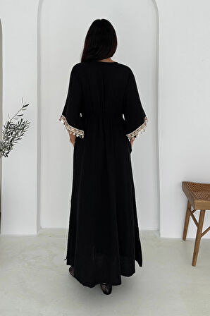 Anvelop Yaka Pullu Elbise Siyah