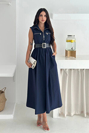 Paraşüt Kumaş Kemerli Elbise Lacivert