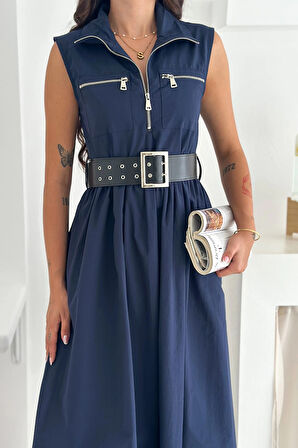 Paraşüt Kumaş Kemerli Elbise Lacivert
