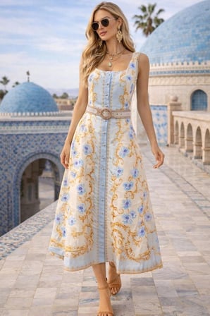 Kadın İthal Çiçek Desenli Kemerli Düğme Detaylı Midi Elbise – Şık Yazlık Elbise