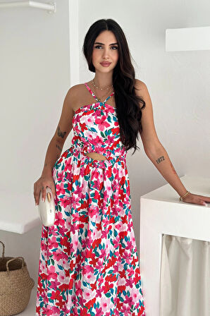 Boyun Bağcıklı Desenli İthal Krep Kumaş Elbise