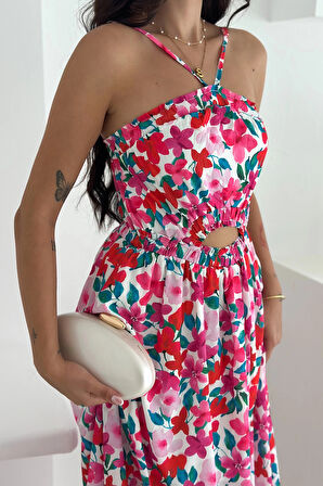 Boyun Bağcıklı Desenli İthal Krep Kumaş Elbise