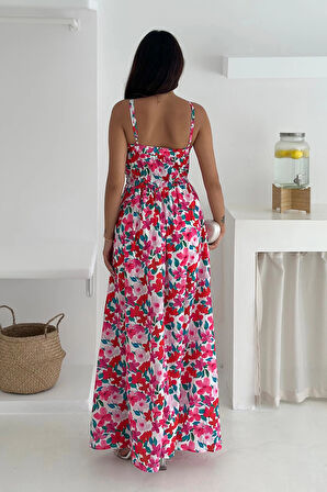 Boyun Bağcıklı Desenli İthal Krep Kumaş Elbise