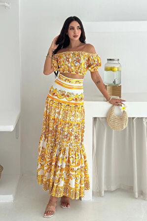 Desenli Crop Etek Takım Sarı