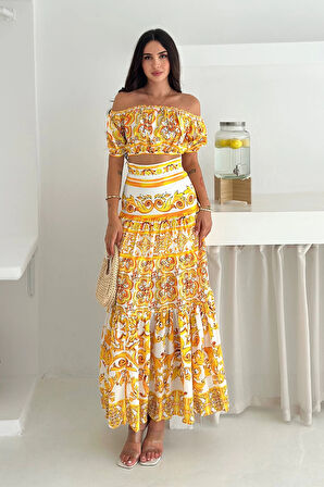 Desenli Crop Etek Takım Sarı